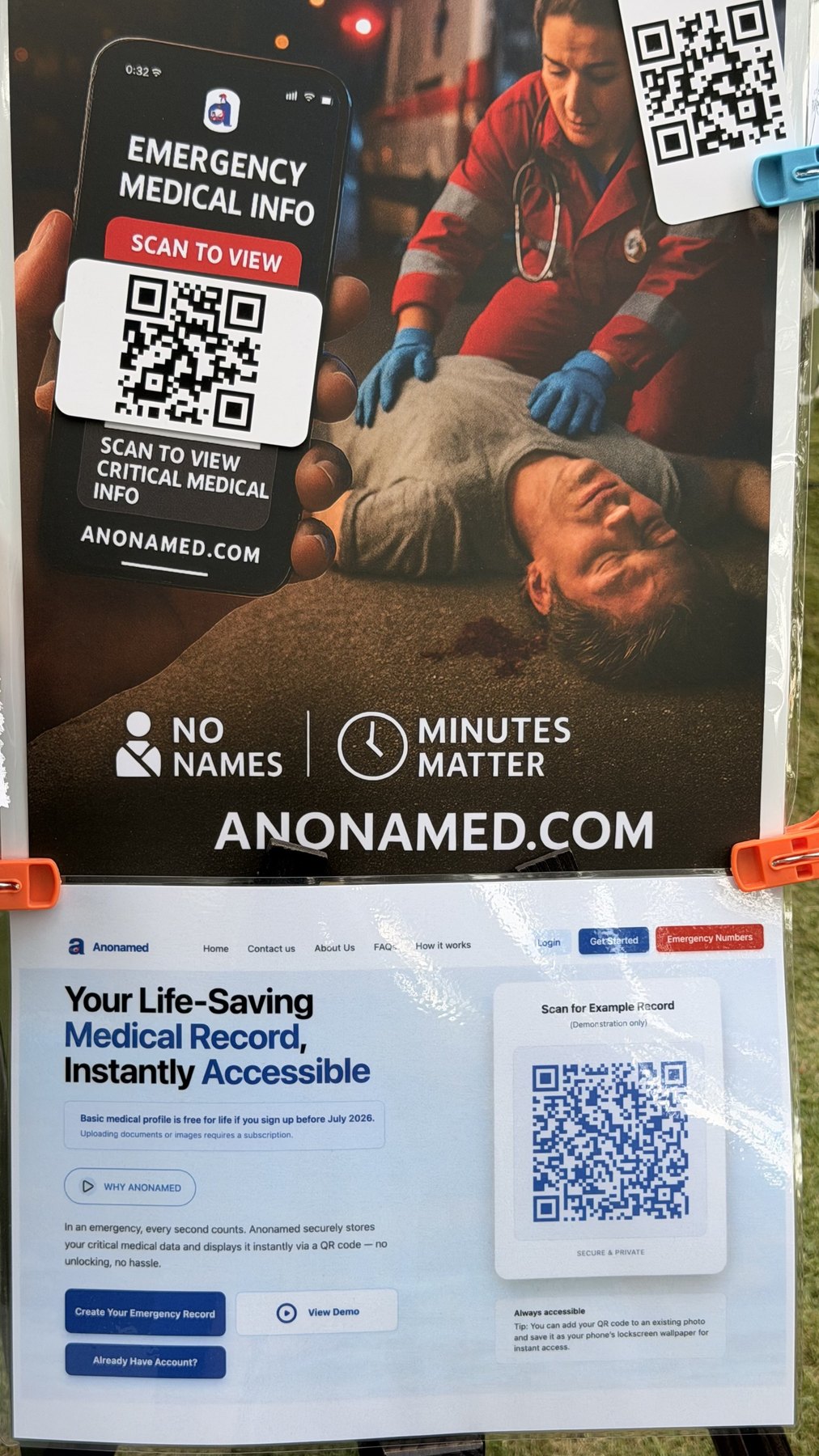 Anonamed emergency medical info poster with QR code.