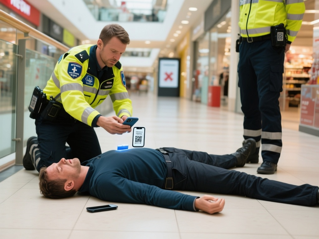 Emergency responder assessing a collapsed person in a public indoor space.